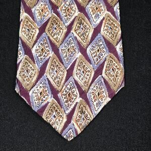 Vietri Men's Tie Plum Blue Beige Silk Ornate Geometric Patterned